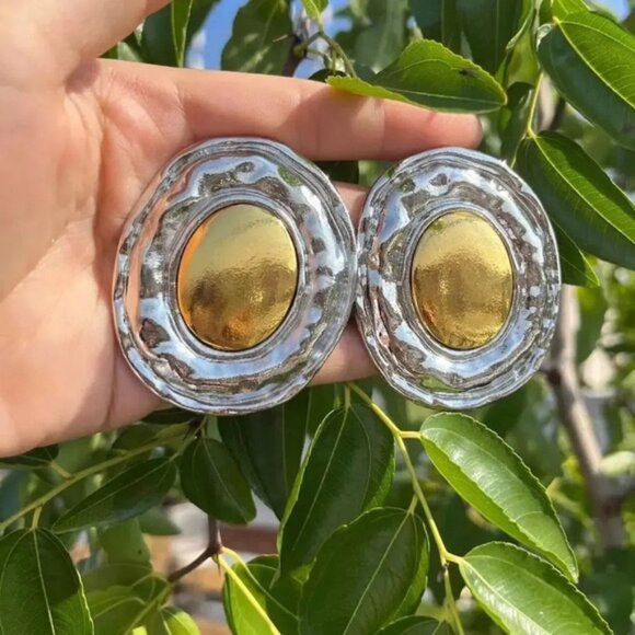 Anthropologie Jewelry - Silver Gold Button Oval Earrings